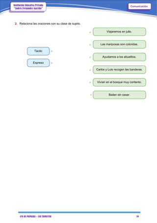4TO DE PRIMARIA – 1ER TRIMESTRE 39
ComunicaciónInstitución Educativa Privada
“Andrés Fernández Garrido”
2. Relaciona las oraciones con su clase de sujeto.
Viajaremos en julio.
Las mariposas son coloridas.
Tácito
Ayudamos a los abuelitos.
Expreso
Carlos y Luis recogen las banderas.
Vivían en el bosque muy contento.
Bailan sin cesar.
 