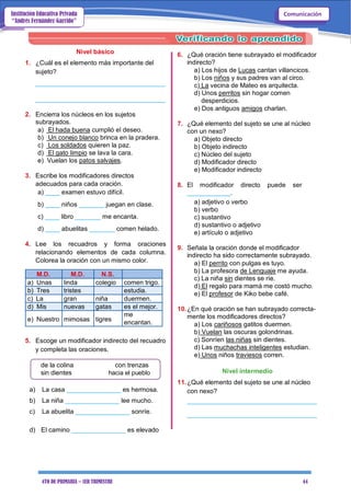 4TO DE PRIMARIA – 1ER TRIMESTRE 44
ComunicaciónInstitución Educativa Privada
“Andrés Fernández Garrido”
Nivel básico
1. ¿Cuál es el elemento más importante del
sujeto?
____________________________________
____________________________________
2. Encierra los núcleos en los sujetos
subrayados.
a) El hada buena cumplió el deseo.
b) Un conejo blanco brinca en la pradera.
c) Los soldados quieren la paz.
d) El gato limpio se lava la cara.
e) Vuelan los patos salvajes.
3. Escribe los modificadores directos
adecuados para cada oración.
a) ____ examen estuvo difícil.
b) ____ niños _______ juegan en clase.
c) ____ libro _______ me encanta.
d) ____ abuelitas _______ comen helado.
4. Lee los recuadros y forma oraciones
relacionando elementos de cada columna.
Colorea la oración con un mismo color.
M.D. M.D. N.S.
a) Unas linda colegio comen trigo.
b) Tres tristes estudia.
c) La gran niña duermen.
d) Mis nuevas gatas es el mejor.
e) Nuestro mimosas tigres
me
encantan.
5. Escoge un modificador indirecto del recuadro
y completa las oraciones.
de la colina con trenzas
sin dientes hacia el pueblo
a) La casa _______________ es hermosa.
b) La niña _______________ lee mucho.
c) La abuelita _______________ sonríe.
6. ¿Qué oración tiene subrayado el modificador
indirecto?
a) Los hijos de Lucas cantan villancicos.
b) Los niños y sus padres van al circo.
c) La vecina de Mateo es arquitecta.
d) Unos perritos sin hogar comen
desperdicios.
e) Dos antiguos amigos charlan.
7. ¿Qué elemento del sujeto se une al núcleo
con un nexo?
a) Objeto directo
b) Objeto indirecto
c) Núcleo del sujeto
d) Modificador directo
e) Modificador indirecto
8. El modificador directo puede ser
____________.
a) adjetivo o verbo
b) verbo
c) sustantivo
d) sustantivo o adjetivo
e) artículo o adjetivo
9. Señala la oración donde el modificador
indirecto ha sido correctamente subrayado.
a) El perrito con pulgas es tuyo.
b) La profesora de Lenguaje me ayuda.
c) La niña sin dientes se ríe.
d) El regalo para mamá me costó mucho.
e) El profesor de Kiko bebe café.
10.¿En qué oración se han subrayado correcta-
mente los modificadores directos?
a) Los cariñosos gatitos duermen.
b) Vuelan las oscuras golondrinas.
c) Sonríen las niñas sin dientes.
d) Las muchachas inteligentes estudian.
e) Unos niños traviesos corren.
Nivel intermedio
11.¿Qué elemento del sujeto se une al núcleo
con nexo?
____________________________________
____________________________________
d) El camino _______________ es elevado
 