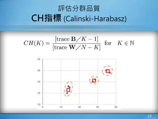 15
評估分群品質
CH指標 (Calinski-Harabasz)
 