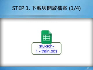 STEP 1. 下載與開啟檔案 (1/4)
20
stu-sch-
1 - train.ods
 
