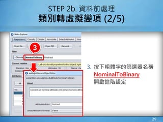 29
STEP 2b. 資料前處理
類別轉虛擬變項 (2/5)
3. 按下粗體字的篩選器名稱
NominalToBinary
開啟進階設定
3
 