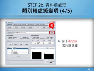 32
STEP 2b. 資料前處理
類別轉虛擬變項 (4/5)
6. 按下Apply
套用篩選器
6
 