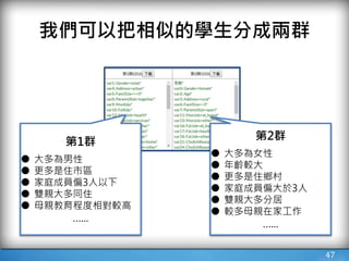 47
我們可以把相似的學生分成兩群
第1群
● 大多為男性
● 更多是住市區
● 家庭成員偏3人以下
● 雙親大多同住
● 母親教育程度相對較高
…...
第2群
● 大多為女性
● 年齡較大
● 更多是住鄉村
● 家庭成員偏大於3人
● 雙親大多分居
● 較多母親在家工作
…...
 