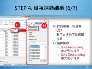 STEP 4. 檢視探勘結果 (6/7)
10.找到最後一個直欄
LOF
點下右邊的下拉選單
按鈕
11.選擇排序
○ Sort Ascending
由小到大排序
○ Sort Descending
由大到小排序
71
10 11
 