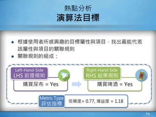 ● 根據使用者所感興趣的目標屬性與項目，找出最能代表
該屬性與項目的關聯規則
● 關聯規則的組成：
79
熱點分析
演算法目標
購買尿布 = Yes
Left-Hand-Side
LHS 前提規則
購買啤酒 = Yes
Right-Hand-Side
RHS 結果規則
信賴度= 0.77, 增益度 = 1.18
Metric Type
評估指標
 