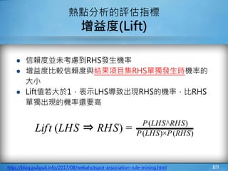 ● 信賴度並未考慮到RHS發生機率
● 增益度比較信賴度與結果項目集RHS單獨發生時機率的
大小
● Lift值若大於1，表示LHS導致出現RHS的機率，比RHS
單獨出現的機率還要高
89
熱點分析的評估指標
增益度(Lift)
http://blog.pulipuli.info/2017/08/wekahotspot-association-rule-mining.html
 
