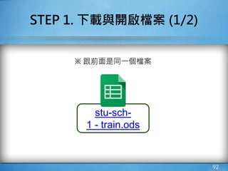 STEP 1. 下載與開啟檔案 (1/2)
92
※ 跟前面是同一個檔案
stu-sch-
1 - train.ods
 