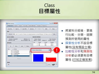 Class
目標屬性
● 將資料分組後，要進
行比較、分類、迴歸
預測所使用的屬性
● 探索性分析不設目標
屬性(沒有預設立場)
● 比較性分析和預測性
分析都必須要有目標
屬性 (已知正確答案)
94
!
 
