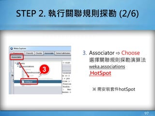 STEP 2. 執行關聯規則探勘 (2/6)
3. Associator ⇨ Choose
選擇關聯規則探勘演算法
weka.associations
.HotSpot
※ 需安裝套件hotSpot
97
3
 