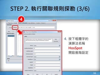 STEP 2. 執行關聯規則探勘 (3/6)
4. 按下粗體字的
演算法名稱
HosSpot
開啟進階設定
98
4
 
