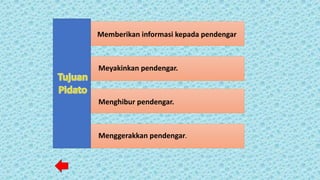 Meyakinkan pendengar.
Menghibur pendengar.
Menggerakkan pendengar.
Memberikan informasi kepada pendengar
 