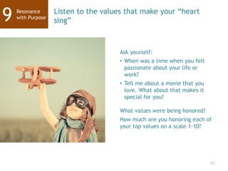 27
Resonance
with Purpose9 Listen to the values that make your “heart
sing”
Ask yourself:
• When was a time when you felt
...