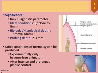 • Significance:
• Imp. Diagnostic parameter
• Ideal conditions: 0/ close to
0mm
• Biologic /Histological depth :
1.8mm(0-6mm)
• Probing depth: 2-3 mm
• Strict conditions of normalcy can be
produced
• Experimentally only
in germ-free animals
• After intense and prolonged
plaque control
10/12/201
1
4
 