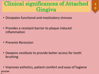 Clinical significances of Attached
Gingiva
• Dissipates functional and masticatory stresses
• Provides a resistant barrier to plaque induced
inflammation
• Prevents Recession
• Deepens vestibule to provide better access for tooth
brushing
• Improves esthetics, patient comfort and ease of hygiene
10/12/201
3
0
 