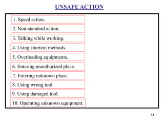 14
UNSAFE ACTION
1. Speed action.
2. Non-standard action.
3. Talking while working.
4. Using shortcut methods.
5. Overloading equipments.
6. Entering unauthorized place.
7. Entering unknown place.
8. Using wrong tool.
9. Using damaged tool.
10. Operating unknown equipment.
 