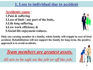 6
1. Loss to individual due to accident
Accidents cause :
1.Pain & suffering
2.Loss of limb / any part of the body,.
3.Life long suffering,
4.Low work efficiency &
5.Social life enjoyment reduces.
Only one earning member in a family, whole family will cripple in case of fetal
accident. Rehabilitation will not support the family for long term, the positive
approach is to avoid accidents.
Team members are greatest assets.
All are to be safe on the job or off the job.
 