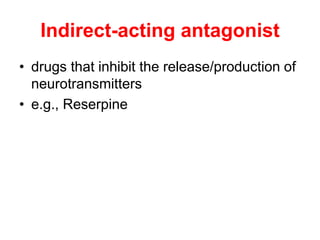 Indirect-acting antagonist
• drugs that inhibit the release/production of
neurotransmitters
• e.g., Reserpine
 