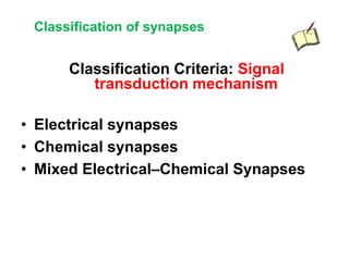Classification of synapses
Classification Criteria: Signal
transduction mechanism
• Electrical synapses
• Chemical synapses
• Mixed Electrical–Chemical Synapses
 