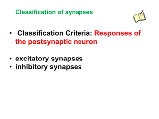 Classification of synapses
• Classification Criteria: Responses of
the postsynaptic neuron
• excitatory synapses
• inhibitory synapses
 