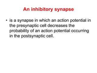 An inhibitory synapse
• is a synapse in which an action potential in
the presynaptic cell decreases the
probability of an action potential occurring
in the postsynaptic cell.
 