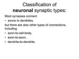 Classification of
neuronal synaptic types:
Most synapses connect
• axons to dendrites,
but there are also other types of connections,
including
• axon-to-cell-body,
• axon-to-axon,
• dendrite-to-dendrite.
 