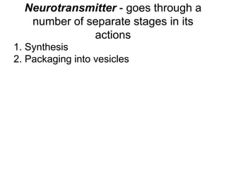 Neurotransmitter - goes through a
number of separate stages in its
actions
1. Synthesis
2. Packaging into vesicles
 