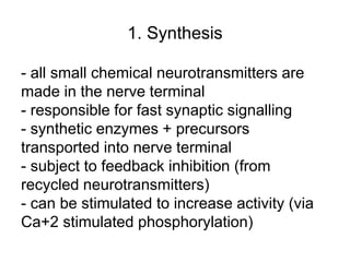 1. Synthesis
- all small chemical neurotransmitters are
made in the nerve terminal
- responsible for fast synaptic signalling
- synthetic enzymes + precursors
transported into nerve terminal
- subject to feedback inhibition (from
recycled neurotransmitters)
- can be stimulated to increase activity (via
Ca+2 stimulated phosphorylation)
 