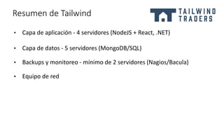 Resumen de Tailwind
• Capa de aplicación - 4 servidores (NodeJS + React, .NET)
• Capa de datos - 5 servidores (MongoDB/SQL)
• Backups y monitoreo - mínimo de 2 servidores (Nagios/Bacula)
• Equipo de red
 