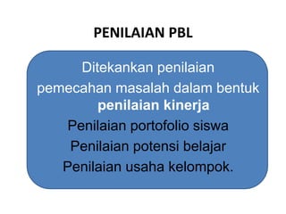 PENILAIAN PBL
Ditekankan penilaian
pemecahan masalah dalam bentuk
penilaian kinerja
Penilaian portofolio siswa
Penilaian potensi belajar
Penilaian usaha kelompok.
 