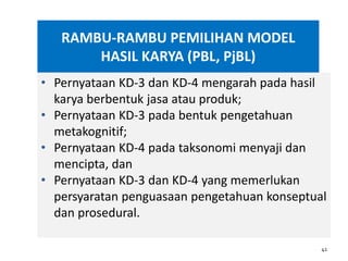 RAMBU-RAMBU PEMILIHAN MODEL
HASIL KARYA (PBL, PjBL)
• Pernyataan KD-3 dan KD-4 mengarah pada hasil
karya berbentuk jasa atau produk;
• Pernyataan KD-3 pada bentuk pengetahuan
metakognitif;
• Pernyataan KD-4 pada taksonomi menyaji dan
mencipta, dan
• Pernyataan KD-3 dan KD-4 yang memerlukan
persyaratan penguasaan pengetahuan konseptual
dan prosedural.
41
 