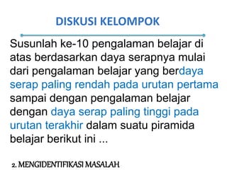 DISKUSI KELOMPOK
Susunlah ke-10 pengalaman belajar di
atas berdasarkan daya serapnya mulai
dari pengalaman belajar yang berdaya
serap paling rendah pada urutan pertama
sampai dengan pengalaman belajar
dengan daya serap paling tinggi pada
urutan terakhir dalam suatu piramida
belajar berikut ini ...
2. MENGIDENTIFIKASI MASALAH
 