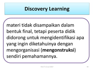 Discovery Learning
File CT 12 Juni 2017 59
materi tidak disampaikan dalam
bentuk final, tetapi peserta didik
didorong untuk mengidentifikasi apa
yang ingin diketahuinya dengan
mengorganisasi (mengonstruksi)
sendiri pemahamannya.
 