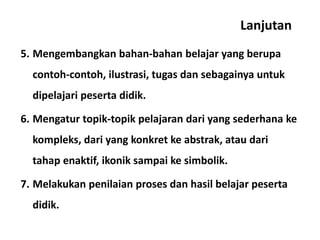 Lanjutan
5. Mengembangkan bahan-bahan belajar yang berupa
contoh-contoh, ilustrasi, tugas dan sebagainya untuk
dipelajari peserta didik.
6. Mengatur topik-topik pelajaran dari yang sederhana ke
kompleks, dari yang konkret ke abstrak, atau dari
tahap enaktif, ikonik sampai ke simbolik.
7. Melakukan penilaian proses dan hasil belajar peserta
didik.
 