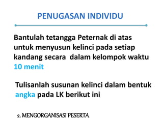 PENUGASAN INDIVIDU
2. MENGORGANISASI PESERTA
Bantulah tetangga Peternak di atas
untuk menyusun kelinci pada setiap
kandang secara dalam kelompok waktu
10 menit
Tulisanlah susunan kelinci dalam bentuk
angka pada LK berikut ini
 