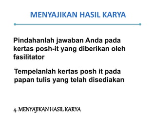 MENYAJIKAN HASIL KARYA
Pindahanlah jawaban Anda pada
kertas posh-it yang diberikan oleh
fasilitator
4. MENYAJIKANHASIL KARYA
Tempelanlah kertas posh it pada
papan tulis yang telah disediakan
 