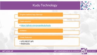 .NET LEVEL UP .NET CONFERENCE #1 IN UKRAINE KYIV 2019
Kudu Technology
Engine behind App Service
• https://github.com/proje...