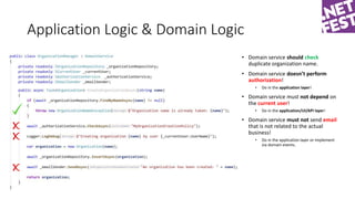 Application Logic & Domain Logic
• Domain service should check
duplicate organization name.
• Domain service doesn’t perfo...