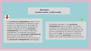 L a s personas trabajadoras d e b e n t e n e r
s u f i c i e n t e c o m p e t e n c i a l i n g ü í s t i c a p a r a
c u m p l i r l o s r e q u i s i t o s q u e e l p l i e g o d e
c o n d i c i o n e s d e l c o n t r a t o e s t a b l e c e e n
m a t e r i a l i n g ü í s t i c a . S i l a s personas
trabajadoras n o l a t i e n e n , h a b r á q u e
s u b r o g a r l a s . L a e m p r e s a c o n t r a t i s t a
d e b e r á c o n t r a t a r personas trabajadoras
q u e u t i l i c e n e l e u s k e r a d e l m o d o
e s t i p u l a d o e n e l c o n t r a t o p a r a s u s t i t u i r a
l a s personas trabajadoras s u b r o g a d a s .
S e d e b e r á s u b r o g a r a l a s personas
trabajadoras q u e n o t e n g a n s u f i c i e n t e
c o m p e t e n c i a l i n g ü í s t i c a p a r a c u m p l i r l o s
r e q u i s i t o s q u e e l p l i e g o d e c o n d i c i o n e s d e l
c o n t r a t o e s t a b l e c e e n m a t e r i a l i n g ü í s t i c a .
P a r a s u s t i t u i r las, l a e m p r e s a c o n t r a t i s t a
d e b e r á c o n t r a t a r personal q u e u t i l i c e e l
e u s k e r a d e l m o d o e s t i p u l a d o e n e l c o n t r a t o .
 
Ejemplo
inadecuado /adecuado
 