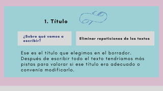1. Título
 
¿Sobre qué vamos a
escribir?
Eliminar repeticiones de los textos
E s e e s e l t í t u l o q u e e l e g i m o s e n e l b o r r a d o r .
D e s p u é s d e e s c r i b i r t o d o e l t e x t o t e n d r í a m o s m á s
p i s t a s p a r a v a l o r a r s i e s e t í t u l o e r a a d e c u a d o o
c o n v e n í a m o d i f i c a r l o .
 