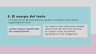 3. El cuerpo del texto
¿Cómo hemos clasificado
las repeticiones?
L a s r e p e t i c i o n e s h a b i t u a l e s p u e d e n
c l a s i f i c a r s e d e d i s t i n t a s m a n e r a s .
E n n u e s t r o c a s o , l a s h e m o s
a g r u p a d o e n t r e s c a t e g o r í a s :
L a f r a s e i n i c i a l d e e s t a s e c c i ó n a y u d a a e n t e n d e r c ó m o h e m o s
o r g a n i z a d o e l t e x t o .
 