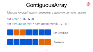 let array = [1, 2, 3]
let contiguousArray = ContiguousArray([1, 2, 3])
ContiguousArray
23
Массив который хранит элементы в цельном регионе памяти
Non-Contiguous
Contiguous
 
