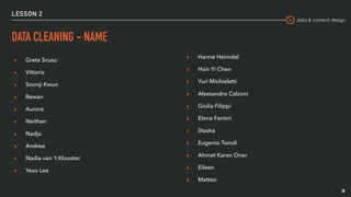 data & content design
LESSON 2
DATA CLEANING - NAME
▸ Greta Scuso
▸ Vittoria
▸ Soonji Kwun
▸ Rewan
▸ Aurora
▸ Neithan
▸ Nadja
▸ Andrea
▸ Nadia van 't Klooster
▸ Yeso Lee
30
▸ Hanne Heimdal
▸ Hsin Yi Chen
▸ Yuri Michieletti
▸ Alessandro Calzoni
▸ Giulia Filippi
▸ Elena Fantini
▸ Stasha
▸ Eugenio Tonoli
▸ Ahmet Karan Oner
▸ Eileen
▸ Matteo
 