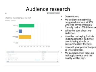 Audience research
• Observation:
• My audience mostly like
designer/luxurious at 50%
whereas environmentally
friendly had a 10% difference
• What this says about my
audience:
• How the packaging looks is
important to this audience
over it being simple or
environmentally friendly.
• How will your product appea
to this audience:
• My packaging will focus on
looking luxurious and the
quality will be high.
 