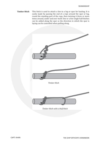CAPT. KHAN THE SHIP OFFICER’S HANDBOOK
SEAMANSHIP
Timber Hitch	 This hitch is used to attach a line to a log or spar for hauling. It is
easily made by passing the end of a rope around the spar or log,
round the standing part of the rope, then twisting it three or more
times around, under and over itself. One or a few single half-hitches
can be added along the spar so the direction in which the spar is
laying can be controlled when pulling along.
 