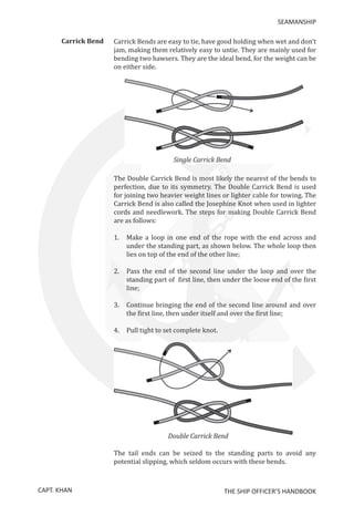 CAPT. KHAN THE SHIP OFFICER’S HANDBOOK
SEAMANSHIP
Carrick Bend	 Carrick Bends are easy to tie, have good holding when wet and don’t
jam, making them relatively easy to untie. They are mainly used for
bending two hawsers. They are the ideal bend, for the weight can be
on either side.
The Double Carrick Bend is most likely the nearest of the bends to
perfection, due to its symmetry. The Double Carrick Bend is used
for joining two heavier weight lines or lighter cable for towing. The
Carrick Bend is also called the Josephine Knot when used in lighter
cords and needlework. The steps for making Double Carrick Bend
are as follows:
1.	Make a loop in one end of the rope with the end across and
under the standing part, as shown below. The whole loop then
lies on top of the end of the other line;
2.	Pass the end of the second line under the loop and over the
standing part of first line, then under the loose end of the first
line;
3.	Continue bringing the end of the second line around and over
the first line, then under itself and over the first line;
4.	 Pull tight to set complete knot.
The tail ends can be seized to the standing parts to avoid any
potential slipping, which seldom occurs with these bends.
 
