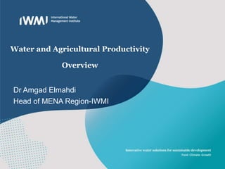 Water and Agricultural Productivity
Overview
Dr Amgad Elmahdi
Head of MENA Region-IWMI
 