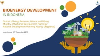 BIOENERGY DEVELOPMENT
IN INDONESIA
Director of Energy Resources, Mineral, and Mining
Ministry of National Development Planning/
National Development Planning Agency (Bappenas)
Luxembourg, 30th November 2019
 