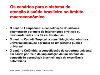 Os cenários para o sistema de
atenção à saúde brasileiro no âmbito
macroeconômico
• O cenário Lampedusa: a consolidação do sistema
segmentado por meio de intervenções erráticas ou
descoordenadas nos três subsistemas
• O cenário Canadá Tropical: a consolidação da cobertura
universal em saúde por meio de um sistema público
universal
• O cenário Colômbia: a consolidação da cobertura universal
em saúde por meio da implantação de um sistema de
competição gerenciada à semelhança da experiência
colombiana
Fonte: Mendes EV. Desafios do SUS. Brasília: CONASS; 2019
 