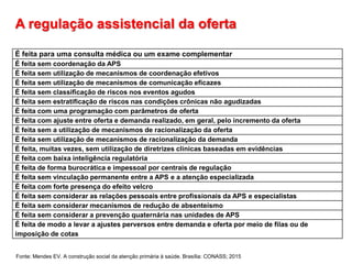 A regulação assistencial da oferta
Fonte: Mendes EV. A construção social da atenção primária à saúde. Brasília: CONASS; 2015
É feita para uma consulta médica ou um exame complementar
É feita sem coordenação da APS
É feita sem utilização de mecanismos de coordenação efetivos
É feita sem utilização de mecanismos de comunicação eficazes
É feita sem classificação de riscos nos eventos agudos
É feita sem estratificação de riscos nas condições crônicas não agudizadas
É feita com uma programação com parâmetros de oferta
É feita com ajuste entre oferta e demanda realizado, em geral, pelo incremento da oferta
É feita sem a utilização de mecanismos de racionalização da oferta
É feita sem utilização de mecanismos de racionalização da demanda
É feita, muitas vezes, sem utilização de diretrizes clínicas baseadas em evidências
É feita com baixa inteligência regulatória
É feita de forma burocrática e impessoal por centrais de regulação
É feita sem vinculação permanente entre a APS e a atenção especializada
É feita com forte presença do efeito velcro
É feita sem considerar as relações pessoais entre profissionais da APS e especialistas
É feita sem considerar mecanismos de redução de absenteísmo
É feita sem considerar a prevenção quaternária nas unidades de APS
É feita de modo a levar a ajustes perversos entre demanda e oferta por meio de filas ou de
imposição de cotas
 