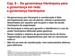 Cap. 6 - Da governança hierárquica para
a governança em rede:
a governança hierárquica
• Na governança por hierarquia a coordenação é feita
principalmente pelo uso de planos, rotinas e protocolos
desenhados por aqueles que ocupam o topo da escala
hierárquica da organização
• Na hierarquia o meio para garantir a obediência é o uso do
poder hierárquico efetivado pelos gestores
• Nesse modelo o sistema de governança faz-se de forma
fragmentada e por departamentos que não se comunicam
entre si
• Não há um ente de coordenação, nem instrumentos efetivos
para efetivá-la
Fontes:
Williamson OE. The economic institutions of capitalism. New York: Free Press; 1985
Mendes EV. A governança regional das redes de atenção à saúde. CONASS Debate. In: CONASS. Governança
regional das redes de atenção à saúde. Brasília: CONASS; 2016
 